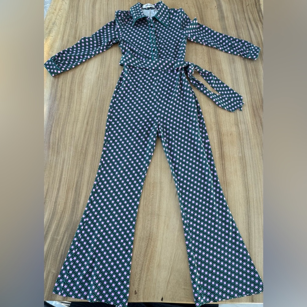 Diane Von Furstenberg Green and Pink Patterned Top jumpsuit